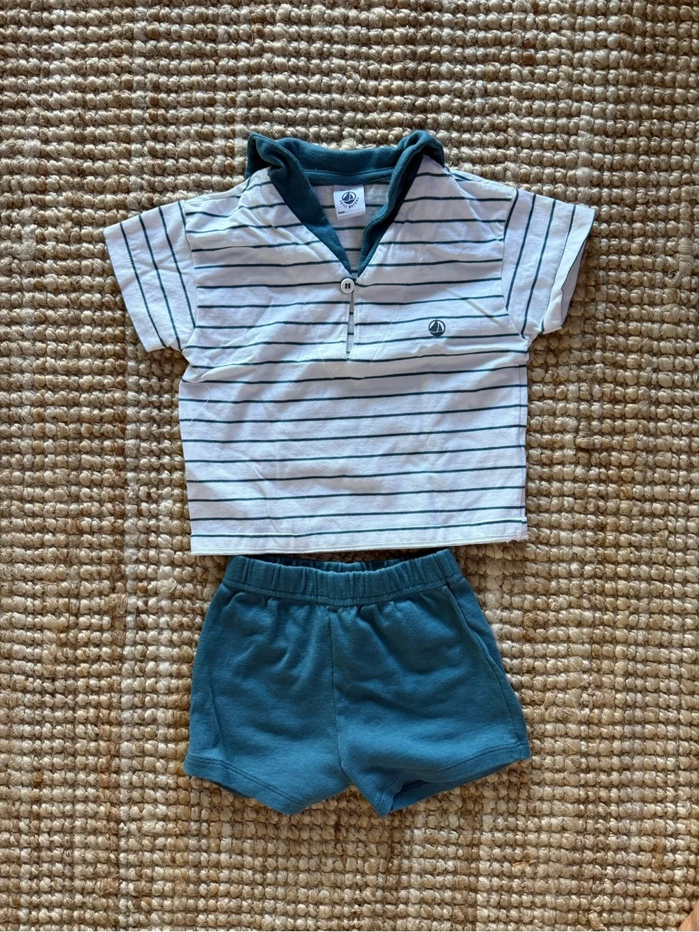 Petit Bateau Toddler Striped Sailor Polo Top with Teal Shorts, Like New!